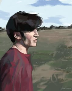 a digital painting of a man in a red shirt looking off into the distance with trees in the background