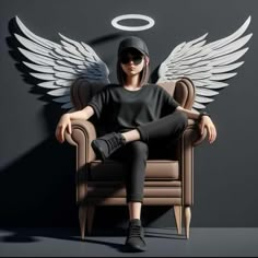 a woman sitting in a chair with wings on the wall above her head and wearing sunglasses