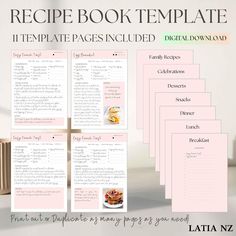 the recipe book template is shown with five different pages and four smaller ones on each page