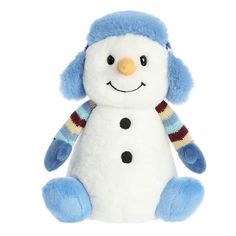 a snowman stuffed animal with a blue hat and scarf on it's head