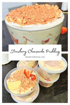 strawberry cheesecake pudding in plastic containers with strawberries on top and another photo of the dessert