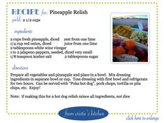 the recipe for pineapple relish is shown in an image above it's description