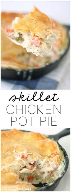 chicken pot pie in a cast iron skillet with text overlay that reads skillet chicken pot pie