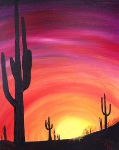 an acrylic painting of a sunset in the desert with cacti and cactus trees