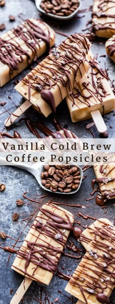 vanilla cold brew coffee popsicles with chocolate drizzled on them and spoons