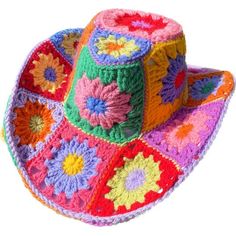 a colorful crocheted hat with flowers on it