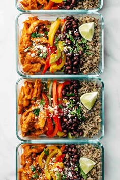 three glass containers filled with rice, black beans and veggies next to lime wedges