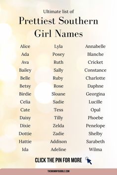 the ultimate list of prettiest southern girl names on a white and pink background