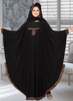 Bet Wing Farasha Style Kaftan Farasha Style, Silk Fabric, Black Color Golden Embroidered – Arabic attire  #beautiful #islamicclothing #modestymovement #hijabdress Stylish Burqa Designs, Burka Fashion, Batwing Abaya, Abaya Designs Dubai, Burqa Designs, Khaleeji Abaya, Farasha Abaya, Abaya Noir, Bridal Hijab Styles