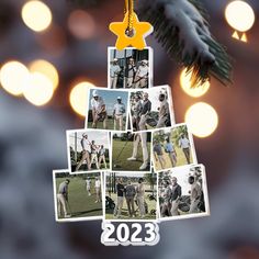 a christmas tree ornament with photos hanging from it's side and the year 2013