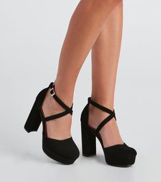 Have yourself an it-girl moment in these fab platform pumps! Featuring a closed toe with an added platform, thin criss-cross straps, and a tall block heel, these pumps are perfect for a night out. Style with a mini dress and a cute handbag. Fit & Features Closed almond-shaped toe Platform Thin criss-cross straps, adjustable, buckle detail Closed back Tall block heel Faux nubuck material, faux leather insole Runs true to size Skeleton Mermaid, Cat Angel, Mermaid Costumes, Night Out Style, Bunny Cat, Cute Handbag, Angel Devil, Closed Toe Heels, Chunky Heel Pumps