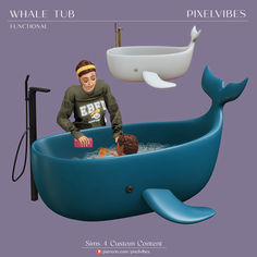 a man standing in a bathtub next to a sink with a whale shaped faucet