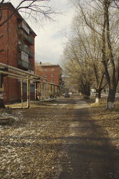 an old brick building sitting on the side of a road next to trees and fallen leaves