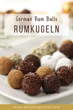 german rum balls on a white plate with text overlay that reads german rum balls