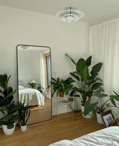 a mirror sitting on top of a wooden floor next to potted plants and a bed