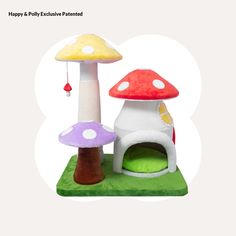 an animal house with two mushrooms on the top and one mushroom on the bottom, in front of a white background