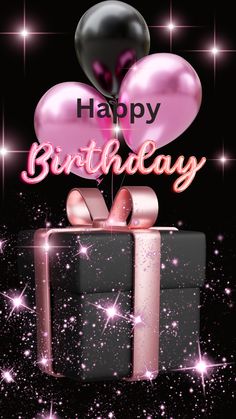 birthday card with gift box and balloons in the air on sparkling stars background, 3d illustration