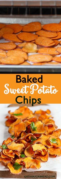 baked sweet potato chips on a baking sheet in the oven with text overlay that reads baked sweet potato chips