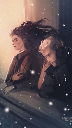 two people sitting on a window sill looking out at the snow and stars in the sky