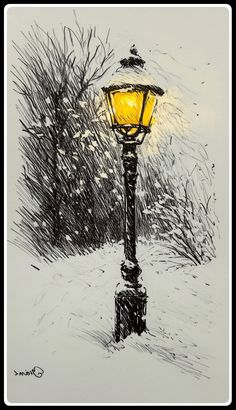 a drawing of a lamp post in the snow