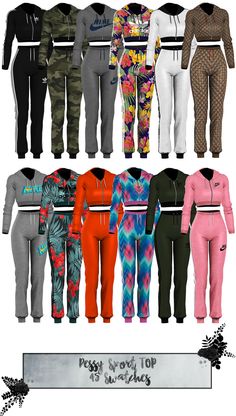 a group of women's tracksuits with different colors and sizes on them