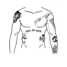 a drawing of a man with tattoos on his chest and the words son of god