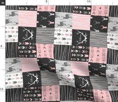 an image of a fabric with pink and grey designs on it, showing the size