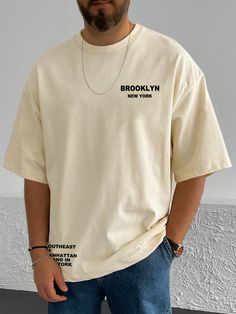 Khaki Casual Collar Half Sleeve Fabric Letter  Embellished Slight Stretch Summer Men Clothing Printed Tshirt Mens, Streetwear Fashion Men Tshirt, Oversized Tshirt Outfit Men Casual, Men’s Graphic Tees, Streetwear Design T Shirts, Tshirt Outfit Men, Oversized Tshirt Outfit Men, Summer Tshirt Designs