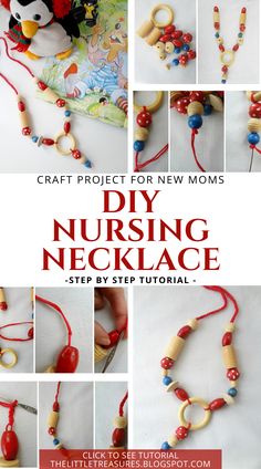 the instructions for how to make a nursing necklace with beads and wooden beads on it