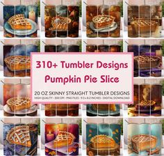 the pumpkin pie slices are displayed in multiple pictures, and there is also an advertisement for them