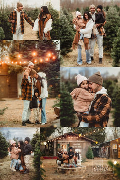 a collage of people standing in front of christmas tree farm with lights on the trees