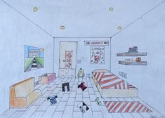 this is a drawing of a bedroom with furniture