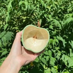 a hand holding an apple shaped bowl in front of green plants