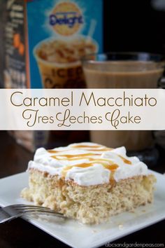 caramel macchiato tres leches cake on a white plate