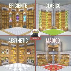 four different views of the same room in minecraft, each with shelves and doors