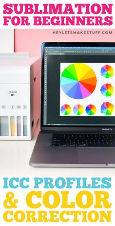 a laptop computer sitting on top of a desk next to a printer and color correcter