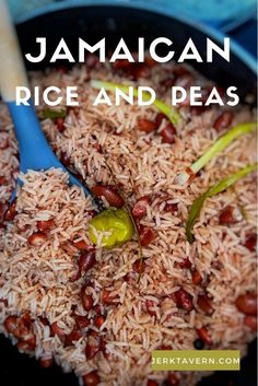 rice and beans are being cooked in a skillet with the words jamaican rice and peas