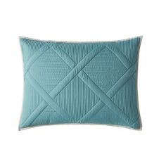 the aqua blue pillow is made with pleated fabric and has a diamond pattern on it