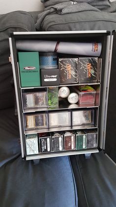 an open book case sitting on top of a couch