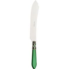 a knife with a green handle on a white background