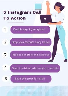 the 5 instagram call to action is shown in purple and white with an image of a