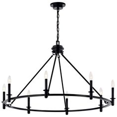 a black chandelier with six lights hanging from it's center and four arms