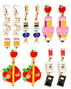 PRICES MAY VARY. ♥Teacher Earrings:There is one teacher that goes that extra mile,makes lessons a laugh and studying special,let them know how awesome they are with these beautiful teacher earrings and the sweet message. Add some sparkle to your teacher outfits with these school-themed accessories likes pencils,rainbow,glue,abc,books,apple,teacher life,and more on earrings.We hope these cute teacher earrings remind you that you are awesome at what you do! ♥This year, get your great teacher somet School Christmas Gifts, Pencil Apple, Teacher Accessories, Teacher Earrings, Apple Teacher, Apple Earrings, Teaching Outfits, Sweet Message, Teacher Apple