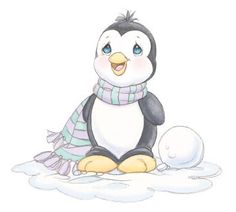 a drawing of a penguin wearing a scarf and sitting in the snow with an egg