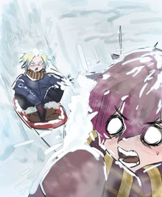 two anime characters sitting on sleds in the snow, one with pink hair