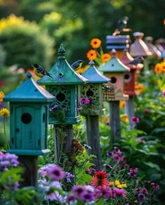 several colorful bird houses are lined up in the garden