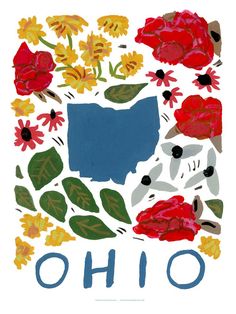 an image of the state of ohio surrounded by flowers and leaves in red, orange, yellow, blue