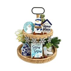 a wooden basket filled with assorted items on top of a white background in the shape of a christmas tree