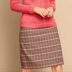 Highland Houndstooth Plaid Skirt By Talbots Features: Classic Holiday Style Knee Length A-Line Silhouette Side Zip Closure Pink Cream And Black Color Knit Construction Fully Lined Material: 45% Recycled Wool 24% Acrylic 13% Nylon 13% Polyester 5% Other Fibers. Lining: 100% Polyester Care: Dry Clean New With Tags In Perfect Condition. Measures Approximately Laying Flat: Length: 20" Waist: 15.5" Questions And Offers Are Welcomed! Pleated Flare Skirt, Butterfly Skirt, Plaid Wool Skirt, Multicolor Knit, Floral Pleated Skirt, White Striped Skirt, Tweed Skirt, Classy Fashion, Wool Skirt