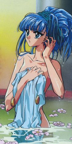 an anime character with blue hair in a bathtub holding her head to her ear